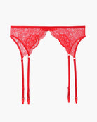 Red lace garter thong with two vertical garter straps and scalloped lace trim