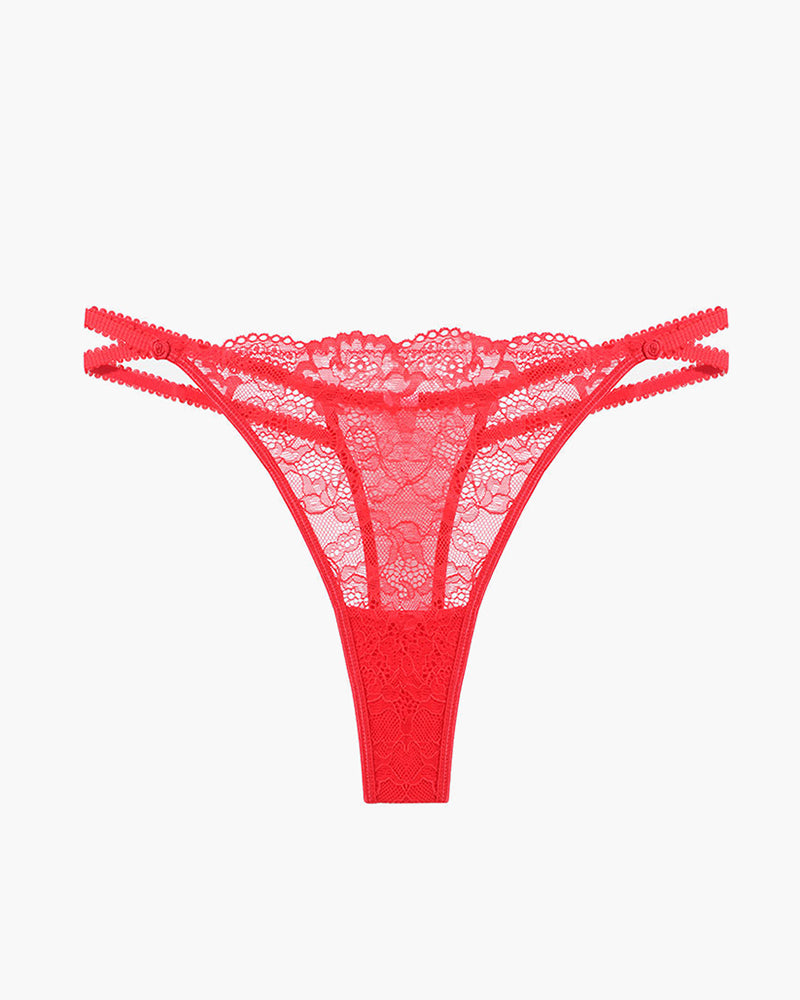 Red lace thong with scalloped edges and garter strap attachment points