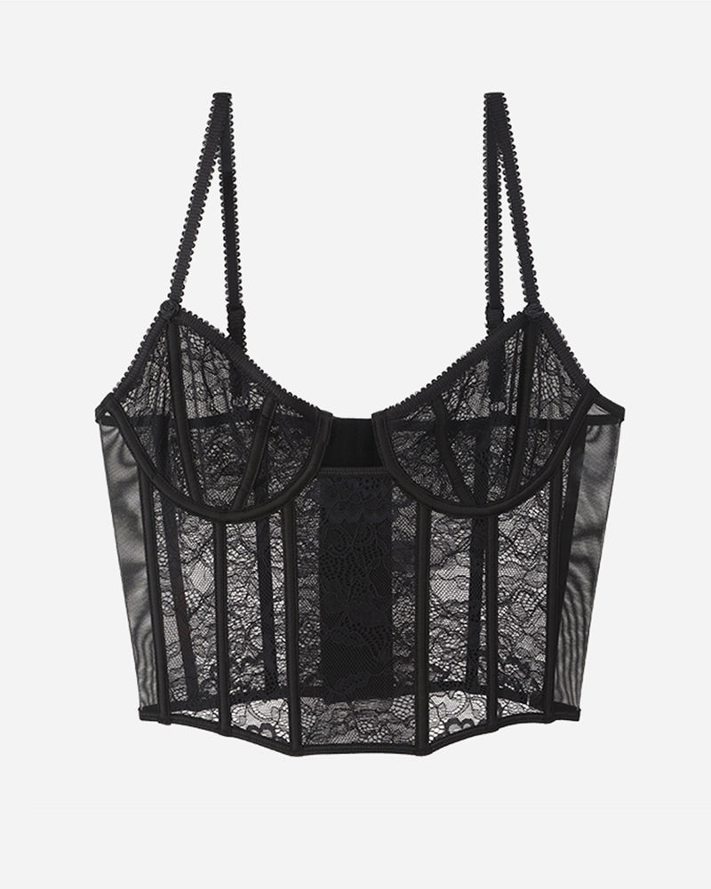 Black lace push-up corset bra with underwire cups and sheer side panels