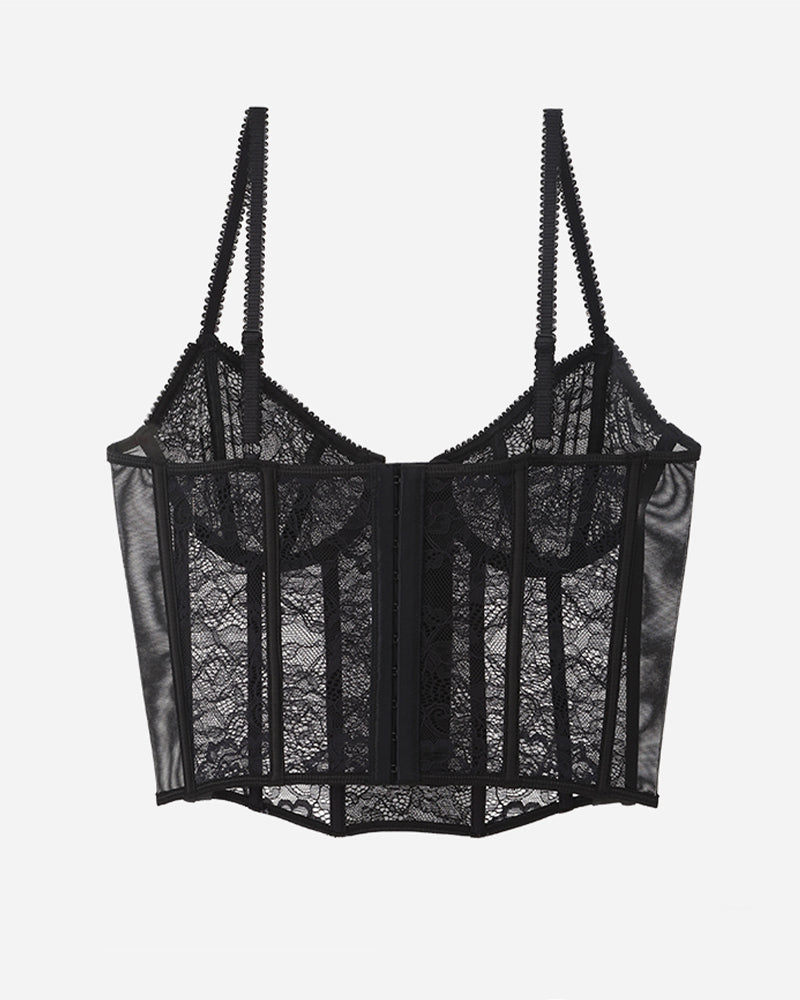 Black lace corset bra with vertical boning panels and high back coverage