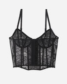 Black lace corset bra with vertical boning panels and high back coverage