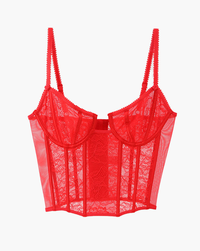Red lace push-up corset bra with underwire cups and thin adjustable straps