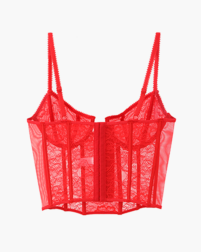 Red lace corset bra with vertical boning panels and open neckline
