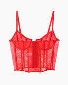 Red lace corset bra with vertical boning panels and open neckline