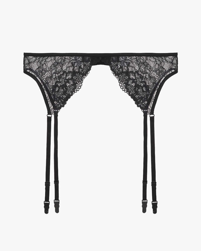 Black vintage lace garter belt with two adjustable garters and front scalloped panel