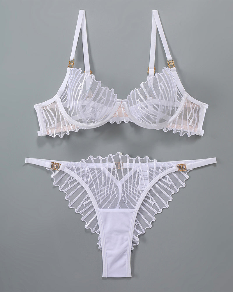 White thin embroidered balconette bra and thong panty set with striped mesh and lace trim