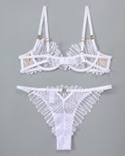 White thin embroidered bra and thong panty set with striped mesh and scalloped lace edging