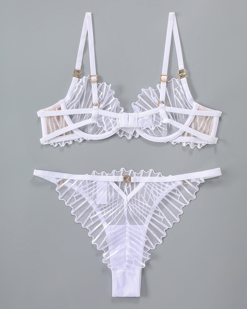 White thin embroidered bra and thong panty set with striped mesh and scalloped lace edging