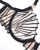 Black thin embroidered bra cup and lace trim with striped mesh pattern