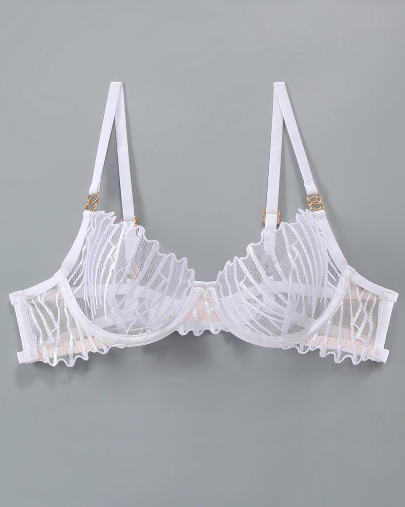 White thin embroidered bra with underwire cups and ruffled scalloped trim