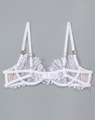 White thin embroidered bra with underwire cups, cross straps, and ruffled trim