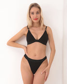 Black triangle bra and thong set with adjustable straps and V-shape cups