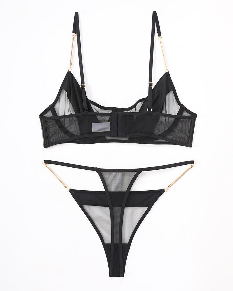 Black lingerie set with underwire push-up bra, mesh cups, and matching thong with chain trim