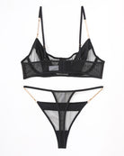 Black lingerie set with underwire push-up bra, mesh cups, and matching thong with chain trim