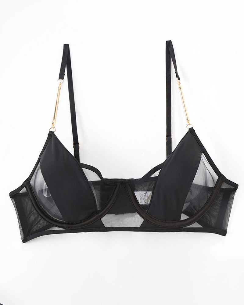 Black push-up chain bra with underwire cups and sheer mesh panels