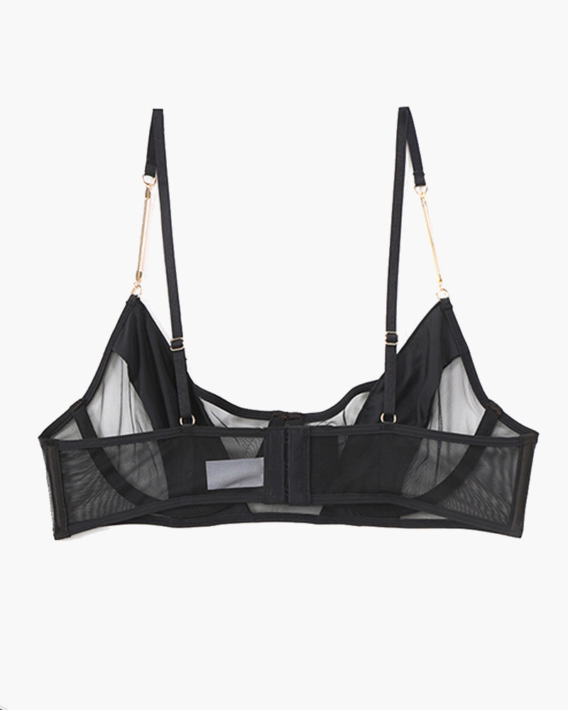 Black push-up bra with gold chain straps and sheer side mesh bands