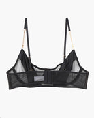 Black push-up bra with gold chain straps and sheer side mesh bands