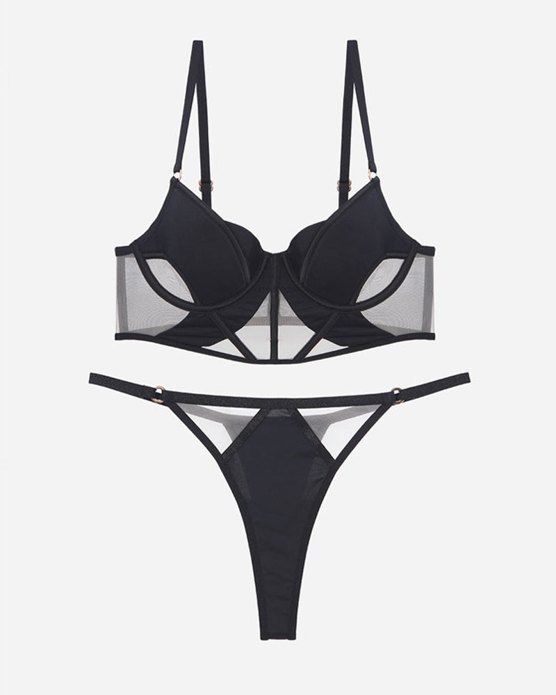 Black mesh push-up bra and thong set with strappy cutouts