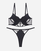 Black mesh push-up bra and thong set with strappy cutouts