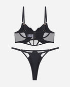 Black mesh push-up bra and thong set with hook-and-eye center
