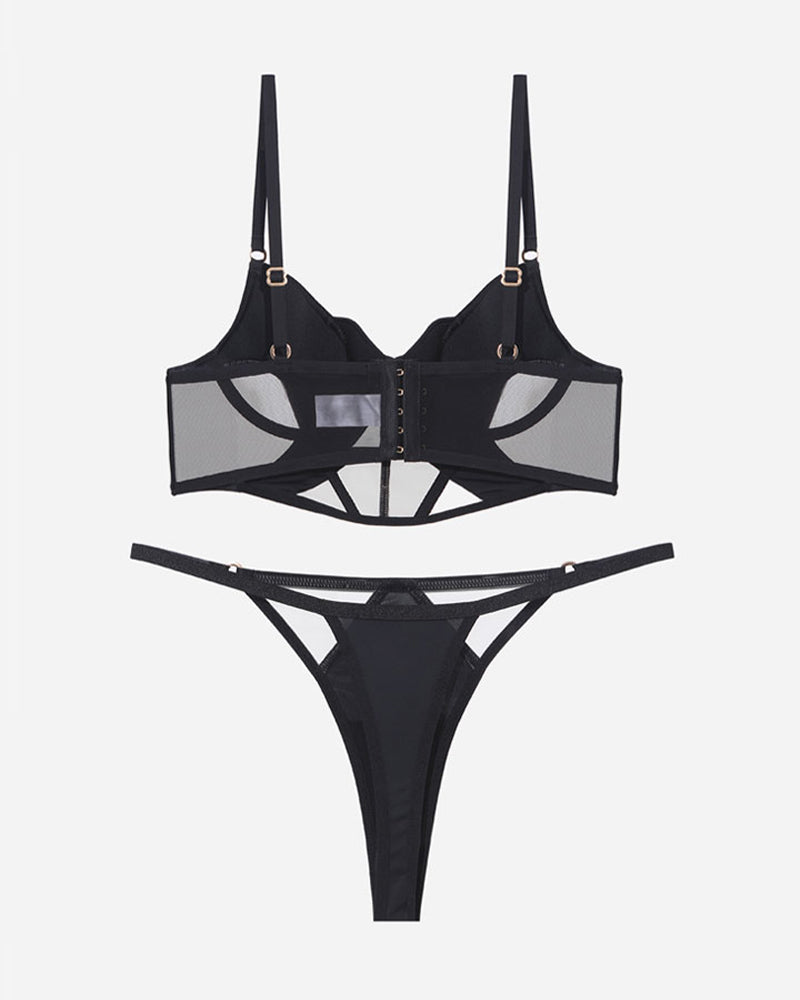Black mesh push-up bra and thong set with hook-and-eye center