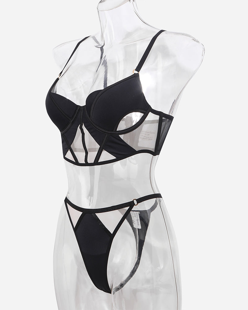 Black mesh push-up bra and thong set on mannequin, side view with sheer panels