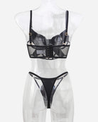 Black mesh push-up bra and thong set on mannequin, back band with hook closure