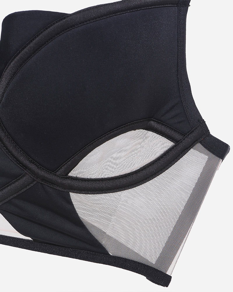 Black mesh push-up bra cup with sheer side panel and curved underwire edge