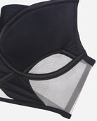 Black mesh push-up bra cup with sheer side panel and curved underwire edge