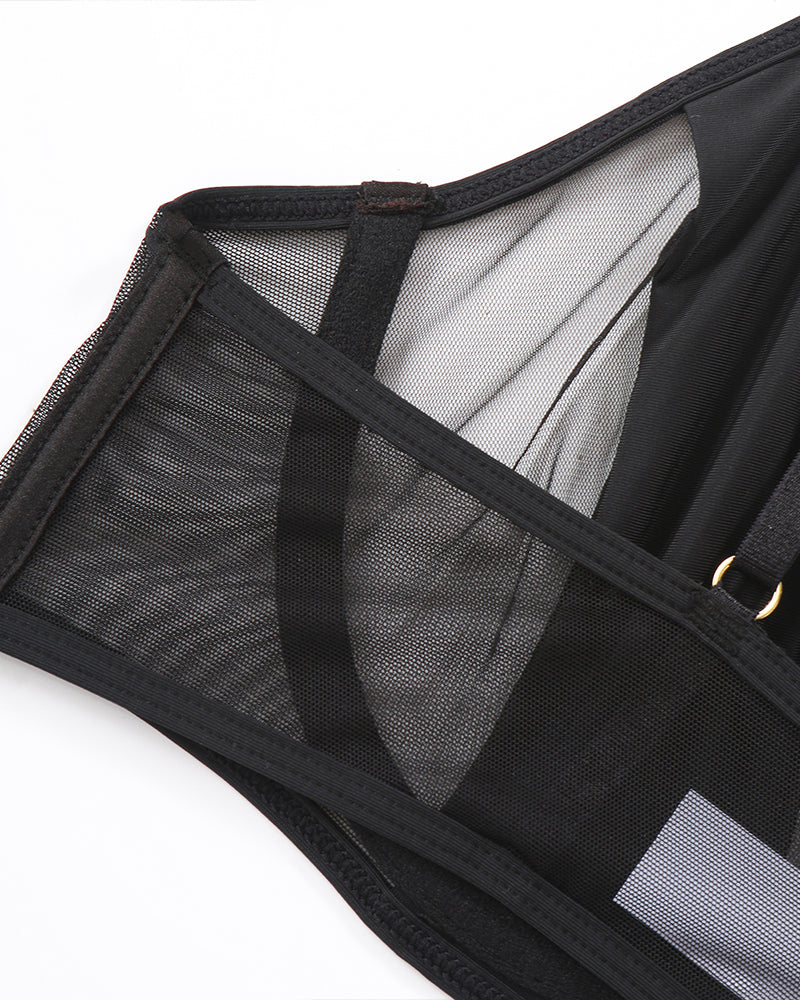Black thong with mesh overlay and V-shaped sheer inset