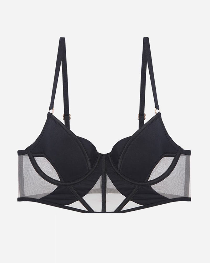 Black push-up mesh hollow bra with underwire cups and adjustable straps