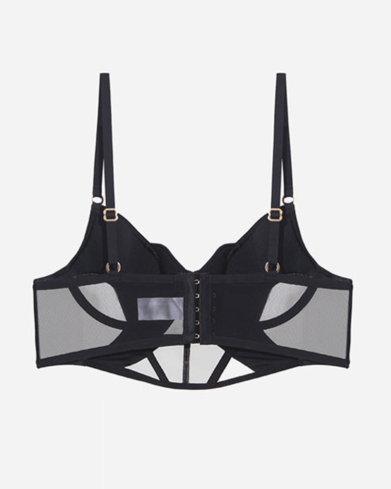 Black mesh bra with cutout panels, hook-and-eye front closure, adjustable straps