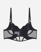 Black mesh bra with cutout panels, hook-and-eye front closure, adjustable straps