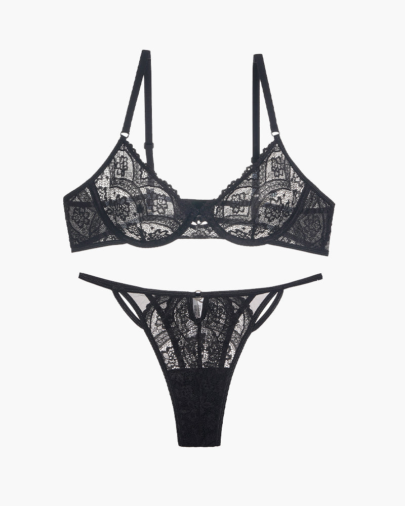 Black lace 3/4 cup bra and thong set, matching lace and adjustable straps