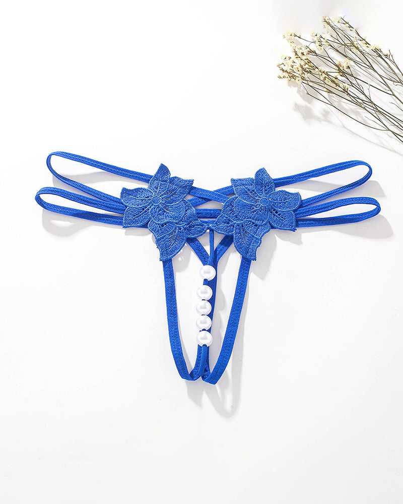 Blue lace open panties G-string with floral appliques and white bead trim