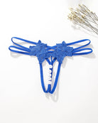 Blue lace open panties G-string with floral appliques and white bead trim