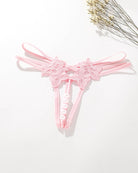 Pink lace open panties G-string with floral appliques and white bead trim