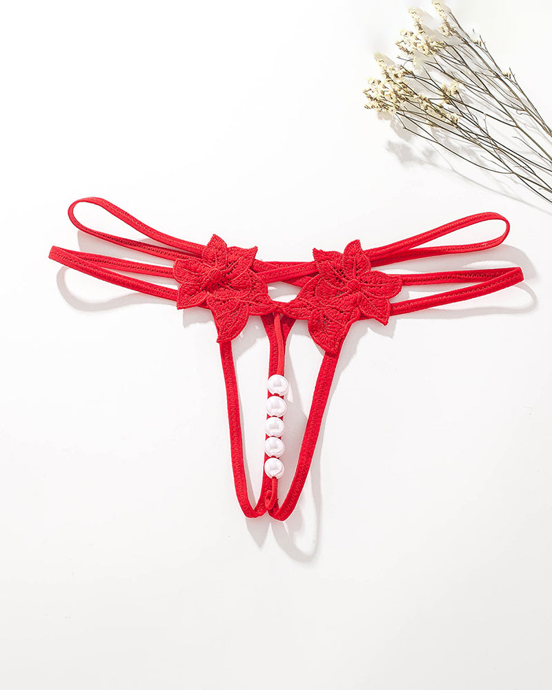 Red lace open panties G-string with floral appliques and white bead trim