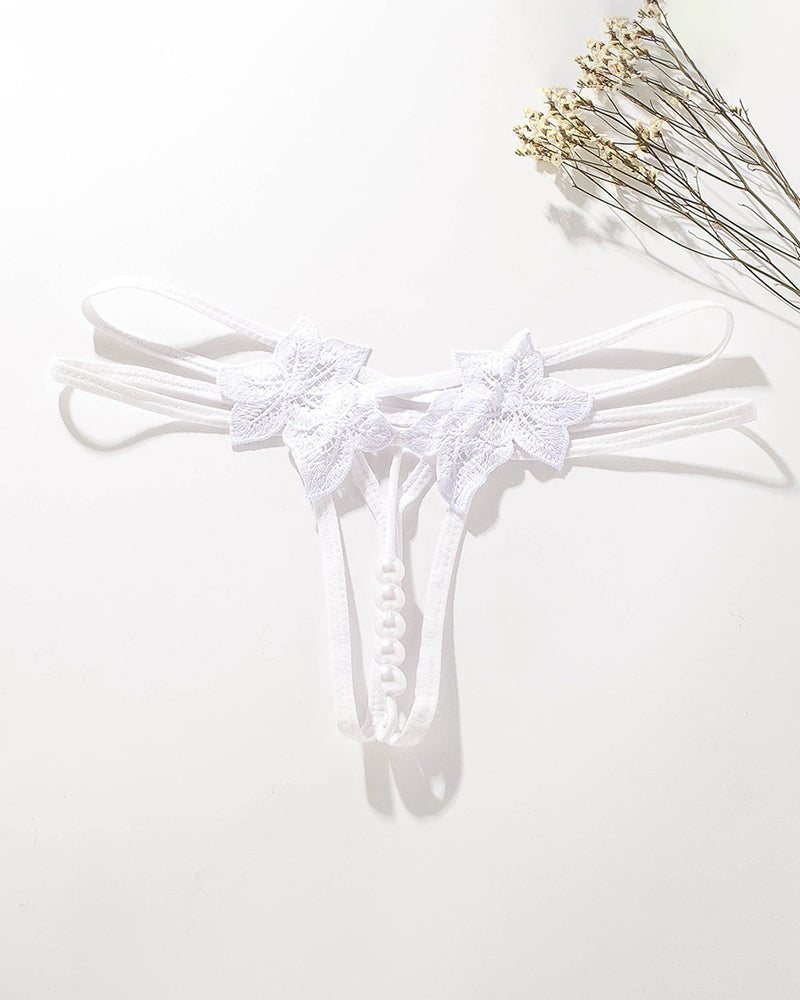 White lace open panties G-string with floral appliques and bead trim