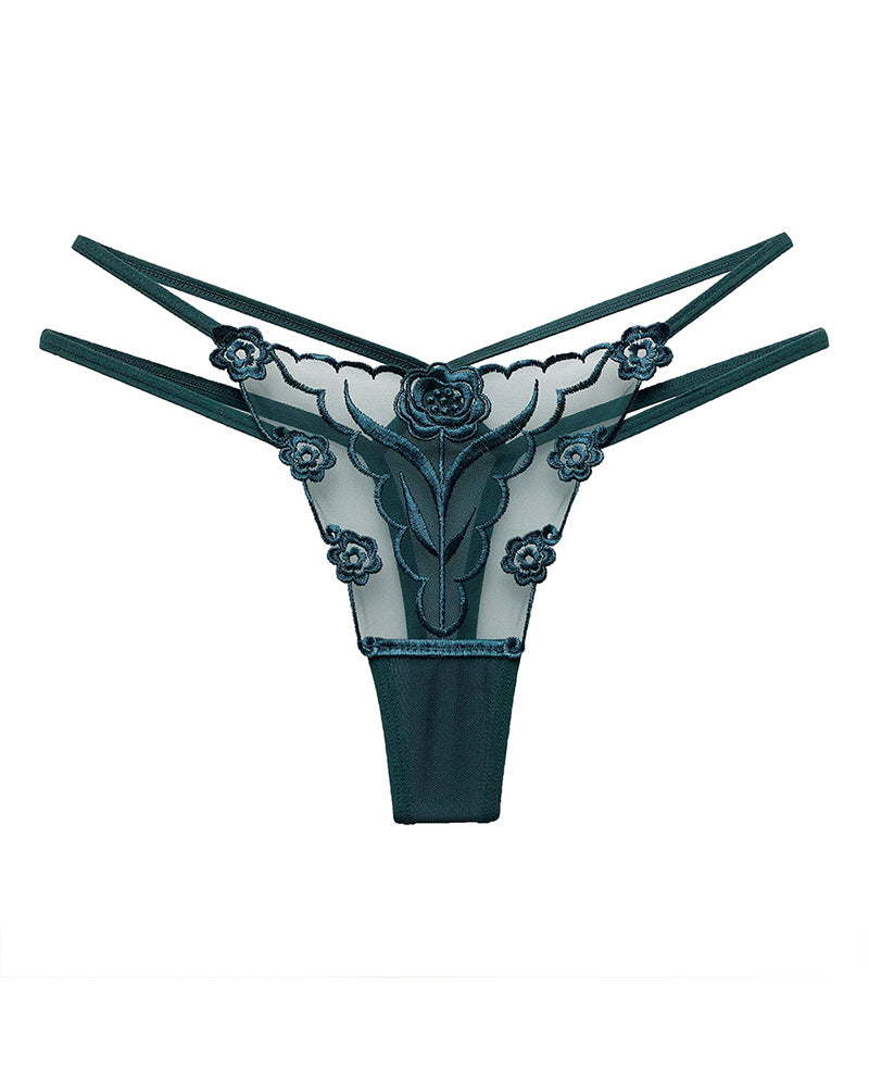 Dark green mesh thong panties with rose embroidery and scalloped floral lace trim