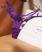 Purple mesh thong panties with rose embroidery and floral lace trim, thin straps