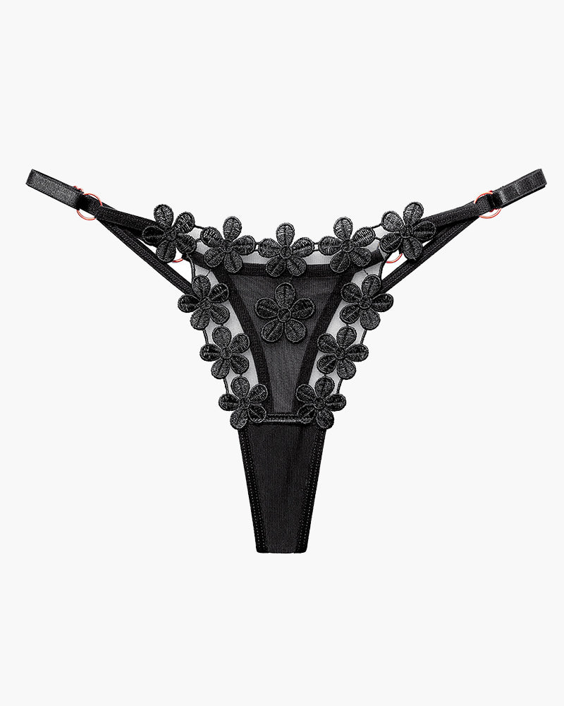 Flower-embroidered mesh lace panties, black with floral appliqué and sheer panel