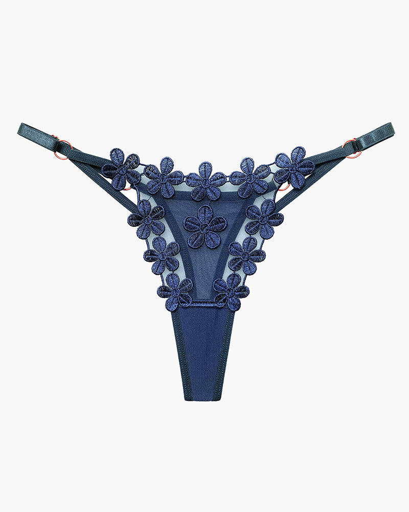 Flower-embroidered mesh lace panties, blue with floral appliqué and sheer panel