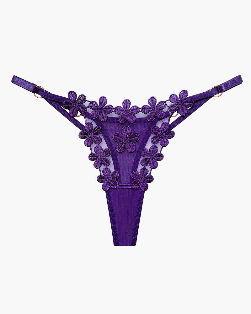 Flower-embroidered mesh lace panties, purple with floral appliqué and sheer panel