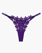 Flower-embroidered mesh lace panties, purple with floral appliqué and sheer panel