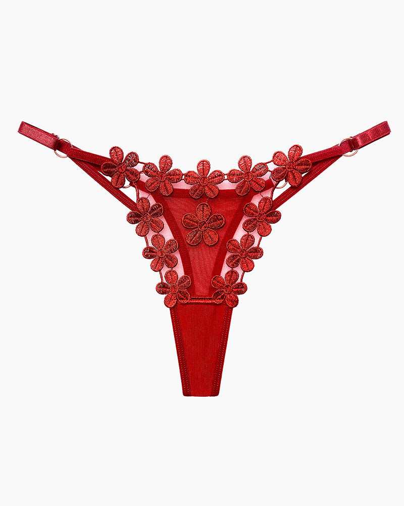 Flower-embroidered mesh lace panties, red with floral appliqué and sheer panel