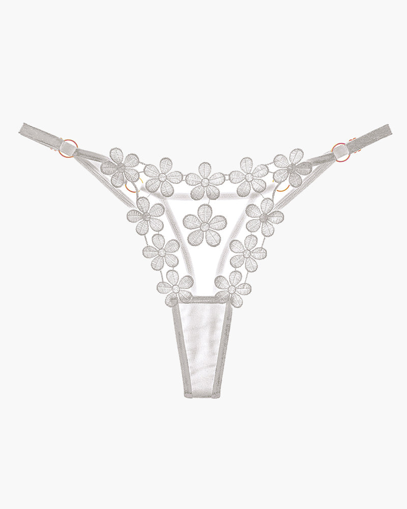 Flower-embroidered mesh lace panties, white with floral appliqué and sheer panel