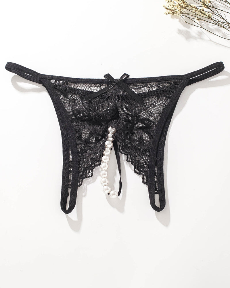 Black lace low-rise t-back thong with bow and dangling pearl beads