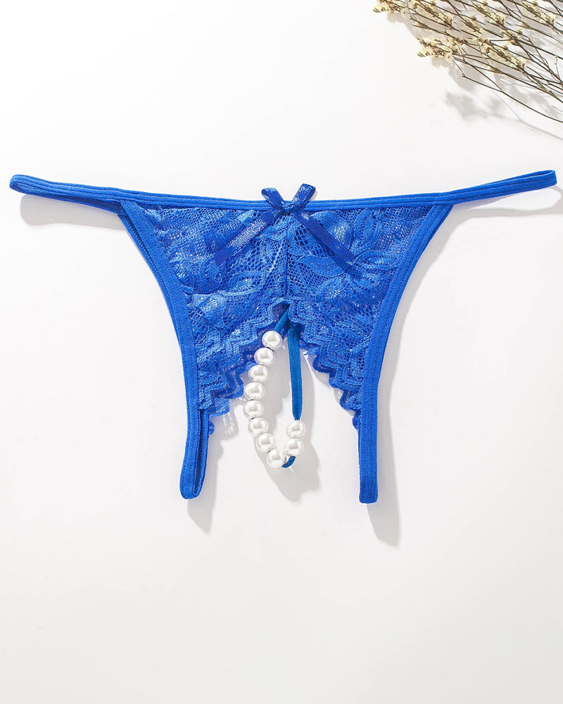 Blue lace low-rise t-back thong with bow and dangling pearl beads