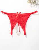 Red lace low-rise t-back thong with bow and dangling pearl beads